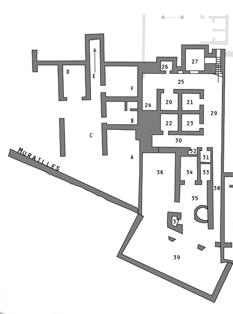 VIII.2.1 Pompeii. Plan of lower level 1, on right. On the left are rooms of VIII.2.A, linked to VIII.2.1
See Zanella S., 2019. La caccia fu buona: Pour une histoire des fouilles à Pompéi de Titus à l’Europe. Naples : Centre Jean Bérard, Planche II.
