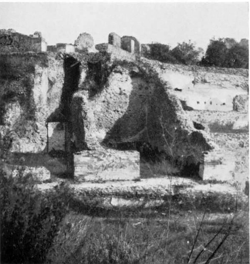 VIII.2.3/5/14/16 Pompeii. Pre 1936. Looking north-east towards lower levels at rear of house, with VIII.2.16 at top. 
These rooms are described in BdI, as being part of Group 4 comprising of two spacious rooms, see BdI 1892 plan, above. 
On the left would be Room 11 (Zanella 224) with doorway to corridor, on the right would be room 10, (Zanella 223).
See Noack, F. and Lehmann-Hartleben, K., 1936. Baugeschichtliche Untersuchungen am Stadtrand von Pompeji. Berlin: De Gruyter, taf. 53,4.

According to PPM � VIII.2.14-16 (p.74 and 75) � regarding rooms on lower levels -
���and those (rooms) on the west side belonged in reality to the house at nos. 3-5.�
And -
�On the lower level, and reachable by stairs towards the west, were rooms 10-13, which had mosaic flooring and remains of paintings of mediocre quality.
The rooms (14-22), about 3m higher than the rooms 10-13, were probably reachable from the house at no. 3, even if built in the same building phase�.
(For photos taken of rooms 16 and 22, see VIII.2.3, pt.2). 
See Carratelli, G. P., 1990-2003. Pompei: Pitture e Mosaici. VIII. (8). Roma: Istituto della enciclopedia italiana, (p. 74 and 75).
See also Mau, in Bullettino dell�Instituto di Corrispondenza Archeologica (DAIR), 1892, p.3-16, and Tav. 1. 
