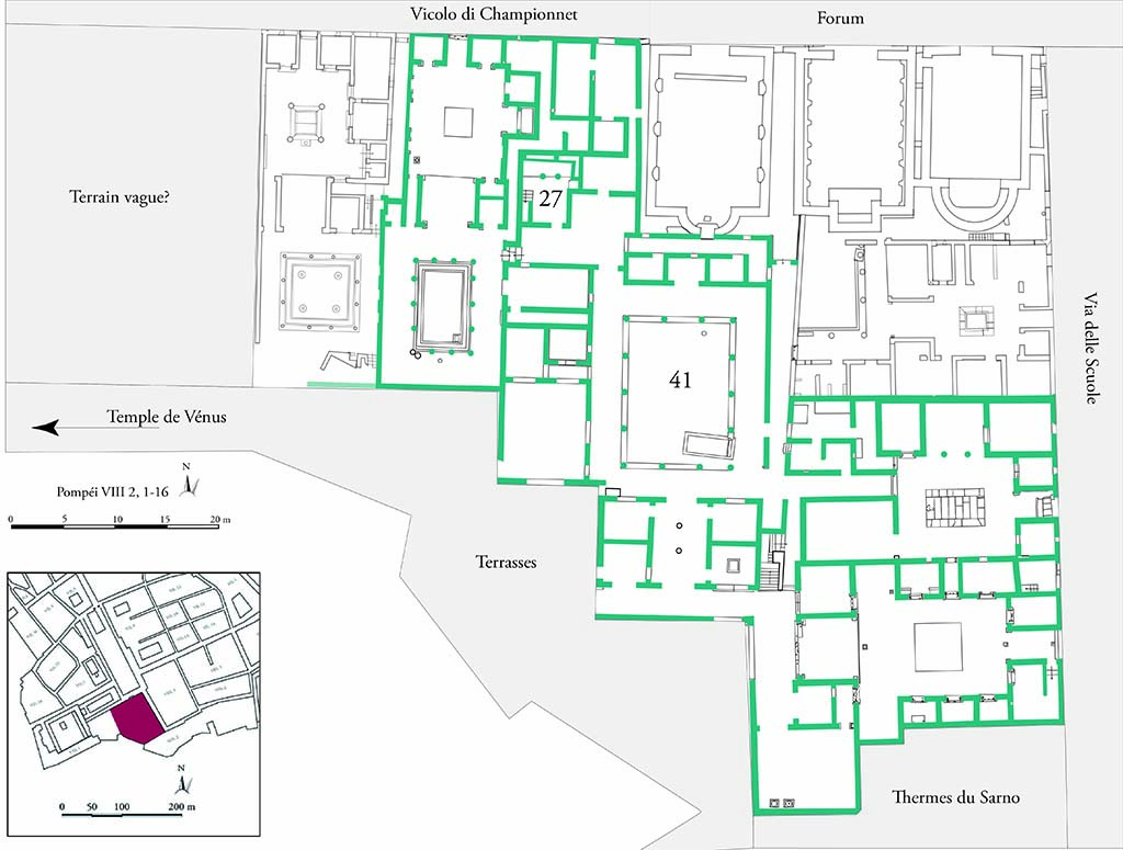 Fig. 1 - Pomp�i, Maison des Mosa�ques g�om�triques dans son contexte topographique.  
Photo courtoisie de Sandra Zanella. Agrandir / Enlarge (jpg, 2,2M)

