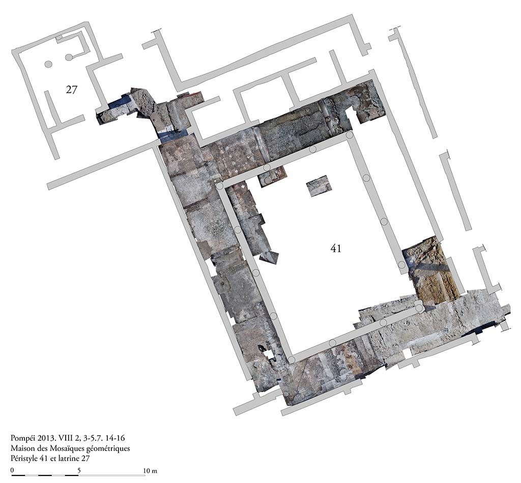 Fig. 2 - Pomp�i, Maison des Mosa�ques g�om�triques. L�aire d�intervention. 
Photomosa�que d�ensemble de pavements et des structures aras�es d�couvertes pendant les op�rations de nettoyage. 
Photo courtoisie de Sandra Zanella. Agrandir / Enlarge (jpg, 1,3M)
