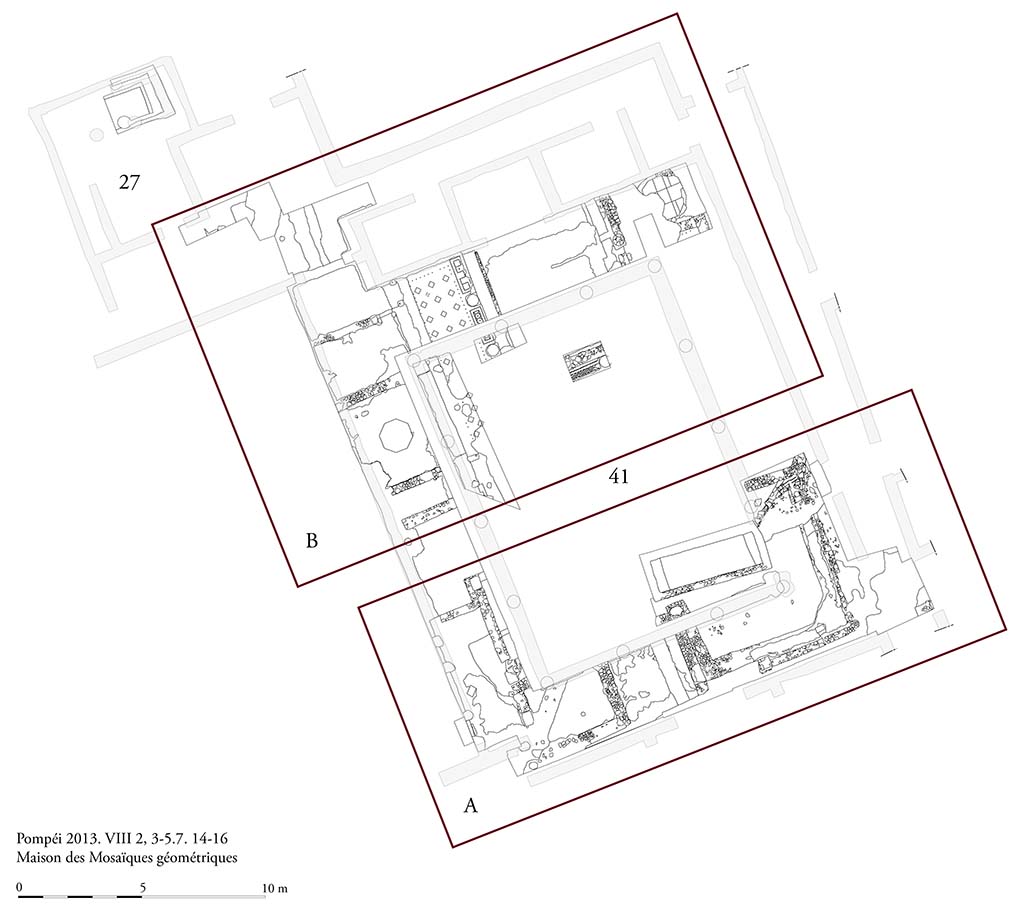 Fig. 3 - Pomp�i, Maison des Mosa�ques g�om�triques. Les structures d�couvertes. Relev� d�ensemble. 
Photo courtoisie de Sandra Zanella.  Agrandir / Enlarge (jpg, 1,1M)
