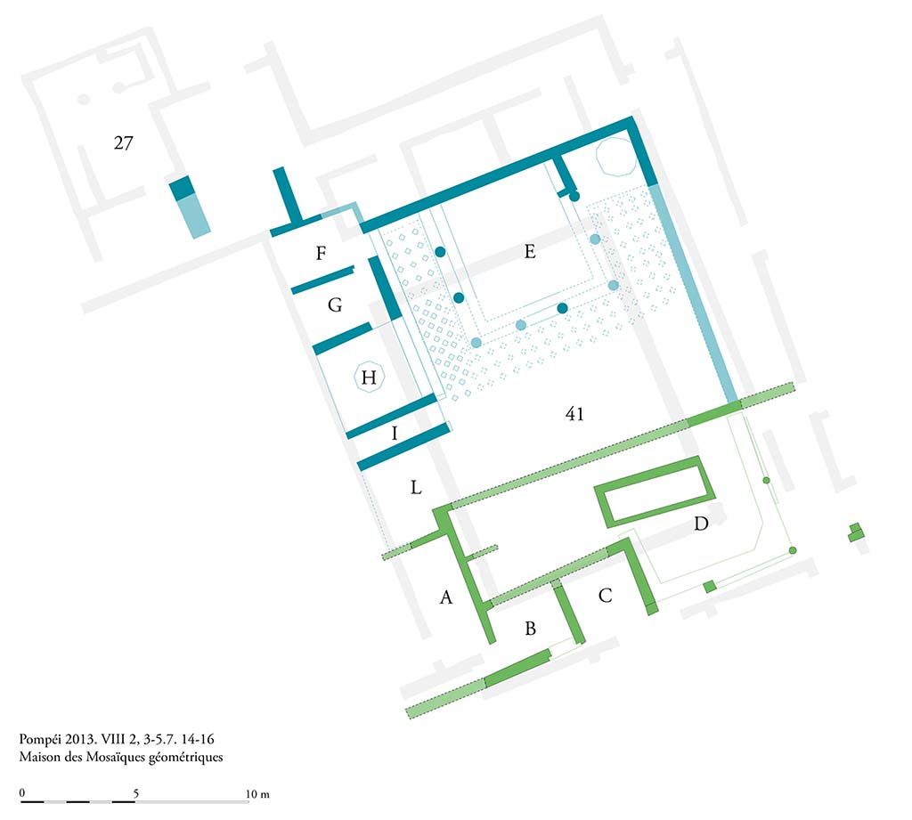 Fig. 4 - Pomp�i, Maison des Mosa�ques g�om�triques. Les structures d�couvertes. Hypoth�ses de reconstruction.
Photo courtoisie de Sandra Zanella.  Agrandir / Enlarge (jpg, 760k)
