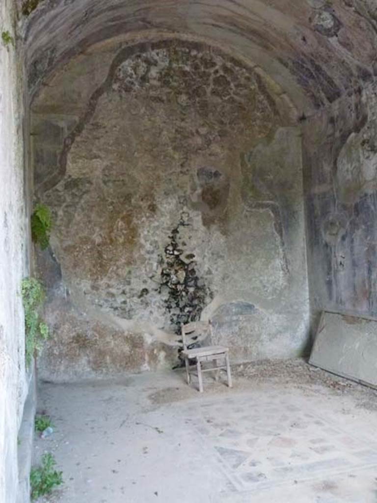 VIII.2.26 Pompeii. September 2011. Looking north into triclinium, from narrow doorway in south-west corner.
According to Allison, this triclinium was at the east end of the corridor.
It had a large window in its south wall. the walls were decorated in an elaborate Third Style on a black background. They were decorated with geometric motifs in the dado (zoccolo), and the central and upper zones of the walls had fantastic architecture, candelabras and floating figures. The ceiling was also black with triangles, lozenges, flowers and medallions, in red, white and yellow. The floor was of cocciopesto with an emblema in opus sectile consisting of squares, triangles, rectangles and circles of coloured marble, with a border of black and white mosaic. See Allison, P.M., www.stoa.org/projects/ph/rooms?houseid=25
