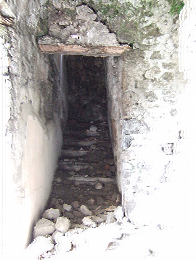 VIII.2.28 Pompeii. May 2006.
Blocked stairs ascending from vestibule of triclinium with nymphaeum.