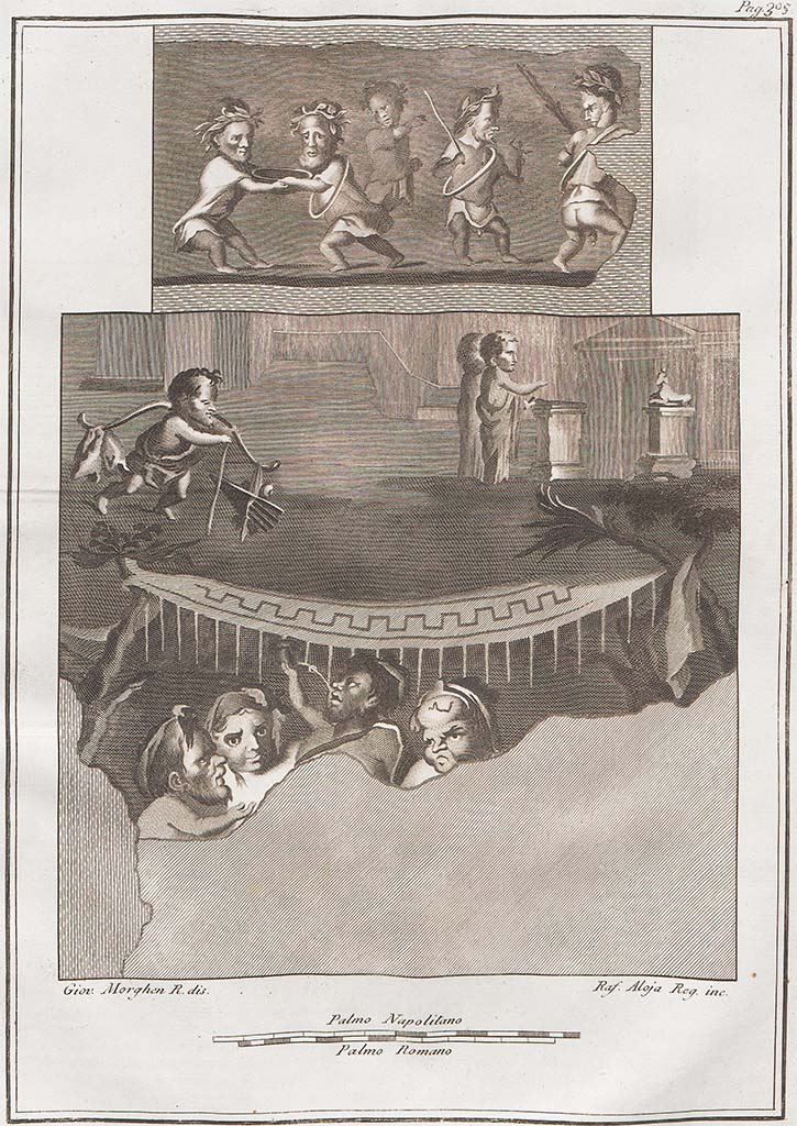 VIII.2.28 Pompeii. Two engravings of paintings found in this room.
Top: fight between five pygmies.
Now in Naples Archaeological Museum. Inventory number 9090.
Bottom: a nude man with a stick around his neck with many things attached to it, four others are eating under a tent, two women dressed in mantles are near a tree.
Now in Naples Archaeological Museum. Inventory number 9100.
See Antichità di Ercolano: Tomo Setto: Le Pitture 5, 1779, p.305, Tav. LXVIII.
According to Pagano and Prisciandaro – found 26th August 1758 -
(Note 132 – almost certainly provenanced from the same room was the “fight between five pygmies, three are crowned, one holds a rod, and two have a circular weapon collar”). (““lotta tra cinque pigmei, tre sono coronati, uno regge un’asta, due hanno un cerchio ad arma collo”).
See Pagano, M. and Prisciandaro, R., 2006. Studio sulle provenienze degli oggetti rinvenuti negli scavi borbonici del regno di Napoli. Naples: Nicola Longobardi, (p.28).
According to PAH -
“A room was discovered with collapsed roof, it was garnished with Sarno stone with much work of pieces of pumice? in the centre there was a niche with a masonry fountain, garnished with a mosaic of many colours that had been drained by the ancients (che era stata drizzata dagli antichi): there were two bands of mosaic in many colours, the first of a palm and two on, by three and eight (0.31m x 0.97m).
Four paintings were discovered in front of the fountain:
(Not cut) – of a landscape with two trees, the sea with two boats, one being rowed by four men, one lying down, one playing the harp, under the boat was an animal similar to a crocodile.
(Not cut) – another, with a man on a tree with something in his right hand, which seems to pull an animal.
Another which shows a nude man with a stick around his neck with many things attached to it, four others are eating, one drinking from a water bottle under a tent, two women dressed in mantles are near a tree. (NAP 9090, 9100). AdE VII, 68, 305, see above.
(Not cut) – of a landscape, showing a tower and two trees, a duck, a person with a stick in their hand.
The room was adorned with marble, which had already been stripped by the ancients.”
See Fiorelli G., 1860. Pompeianarum antiquitatum historia, Vol. 1: 1748 - 1818, Naples, 1, 78, (26th August 1758) and Addendum 138.