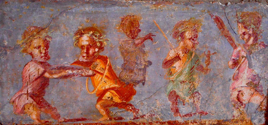 VIII.2.28 Pompeii. Painting of a fight between five pygmies, found in this room.
According to Pagano and Prisciandaro – found 26th August 1758 -
(Note 132 – almost certainly provenanced from the same room was the “fight between five pygmies, three are crowned, one holds a rod, and two have a circular weapon collar”). (““lotta tra cinque pigmei, tre sono coronati, uno regge un’asta, due hanno un cerchio ad arma collo”).
See Pagano, M. and Prisciandaro, R., 2006. Studio sulle provenienze degli oggetti rinvenuti negli scavi borbonici del regno di Napoli. Naples: Nicola Longobardi, (p.28).
See Antichità di Ercolano: Tomo Setto: Le Pitture 5, 1779, p.305, Tav. LXVIII.
Now in Naples Archaeological Museum.
Our thanks to Rachel Lowder for helping with this.