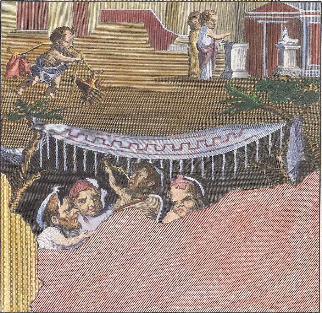 VIII.2.28 Pompeii. Painting by G. Morghen, 1762, of a nude man with a stick around his neck with many things attached to it, four others are eating, one drinking from a water bottle under a tent, two women dressed in mantles are near a tree, found in this room.
Now in Naples Archaeological Museum. Inventory number 9100.
Our thanks to Rachel Lowder for helping with this.
See Antichità di Ercolano: Tomo Setto: Le Pitture 5, 1779, p.305, Tav. LXVIII.
See Fiorelli G., 1860. Pompeianarum antiquitatum historia, Vol. 1: 1748 - 1818, Naples, 1, 78, (26th August 1758) and Addendum 138.