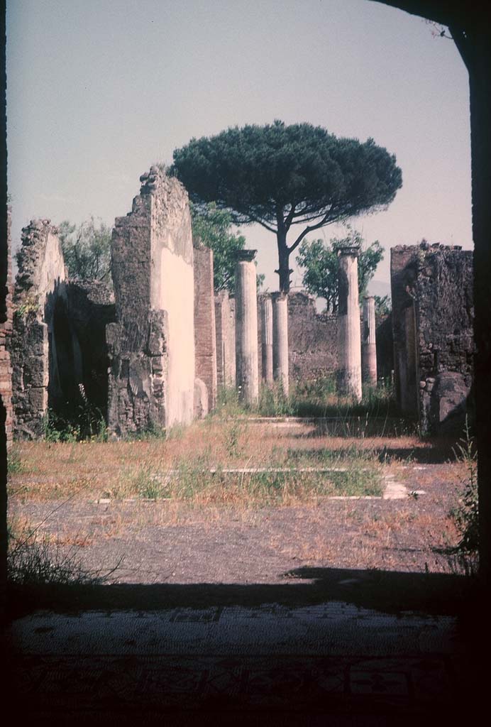 VIII.3.8 Pompeii. August 1965.
Looking south from end of mosaic in fauces, across atrium to peristyle. Photo courtesy of Rick Bauer.