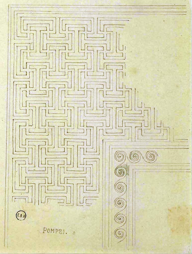 VIII.3.8 Pompeii. Drawing by Lesueur of mosaic flooring and impluvium surround.
See Lesueur, Jean-Baptiste Cicéron. Voyage en Italie de Jean-Baptiste Cicéron Lesueur (1794-1883), pl. 40.
See Book on INHA référence INHA NUM PC 15469 (04) « Licence Ouverte / Open Licence » Etalab
