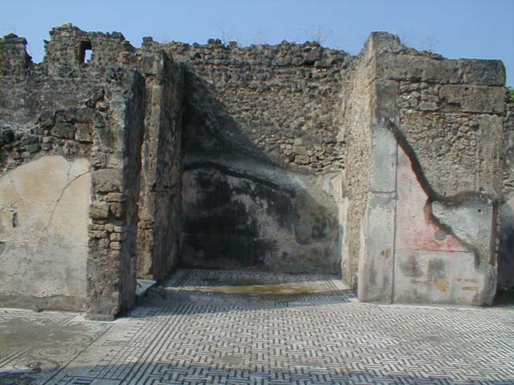 VIII.3.8 Pompeii. September 2004. Looking west towards ala on west side of atrium.
The floor of the ala was of black and white mosaic, similar to that of the atrium, but separated by a threshold (of meander of double T’s).
The carpet of the mosaic was ornamented with a net of hexagons and rectangles, whereas the border was a row of black squares.
On the left is the entrance to the tablinum, and the doorway to an oecus.
On the left of the atrium mosaic, the decoration of castellated towers can be seen.