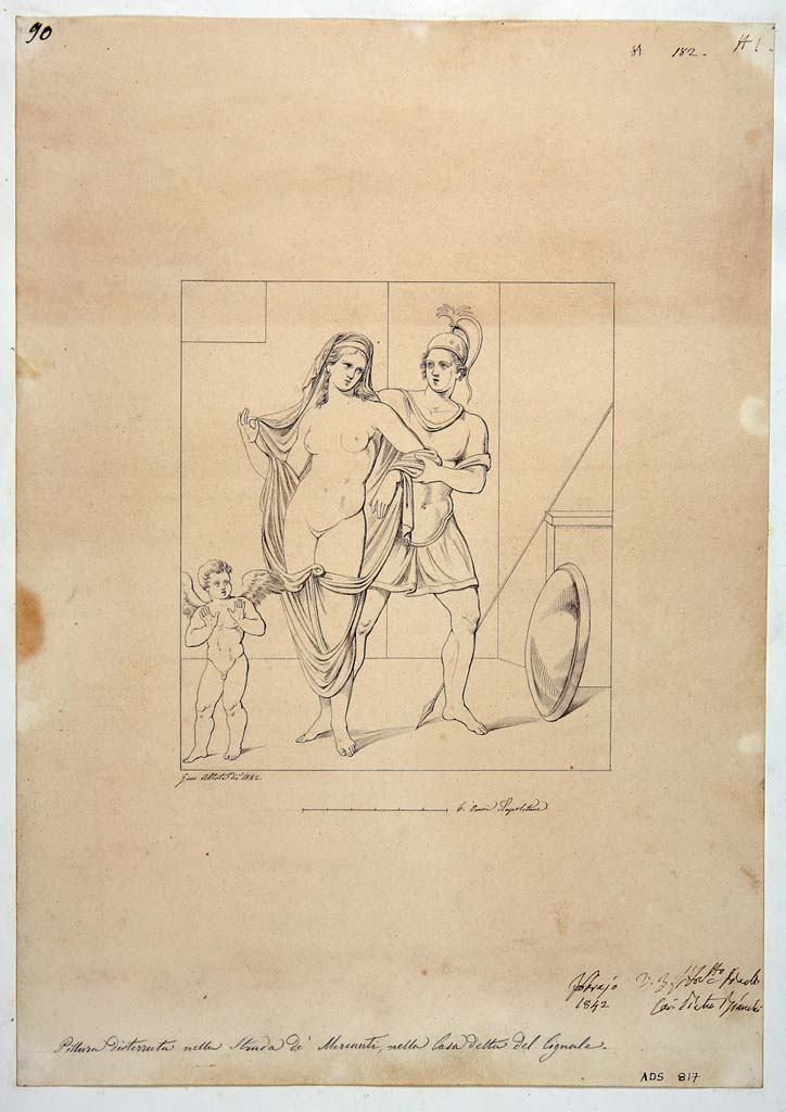 VIII.3.8 Pompeii. One of two nearly identical drawings by Giuseppe Abbate, 1842, of painting of Mars and Venus, from tablinum.
According to Helbig, by 1860 it was already badly preserved and hardly recognisable. (Helbig 326).
Now in Naples Archaeological Museum. Inventory number ADS 817.
Photo © ICCD. http://www.catalogo.beniculturali.it
Utilizzabili alle condizioni della licenza Attribuzione - Non commerciale - Condividi allo stesso modo 2.5 Italia (CC BY-NC-SA 2.5 IT)