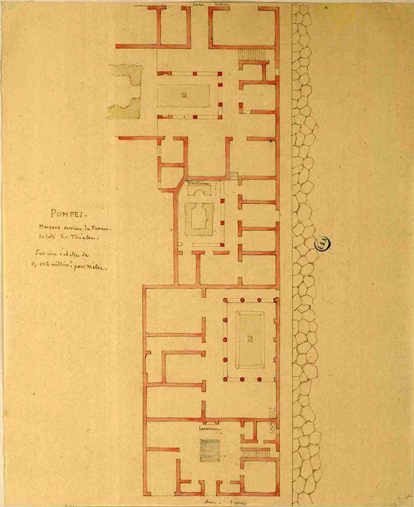 VIII.3.15 Pompeii. Entrance doorway in Vicolo della Regina, in the centre on the right.
See Lesueur, Jean-Baptiste Ciceron. Voyage en Italie de Jean-Baptiste Ciceron Lesueur (1794-1883), pl. 7.
See Book on INHA reference INHA NUM PC 15469 (04)  � Licence Ouverte / Open Licence � Etalab
