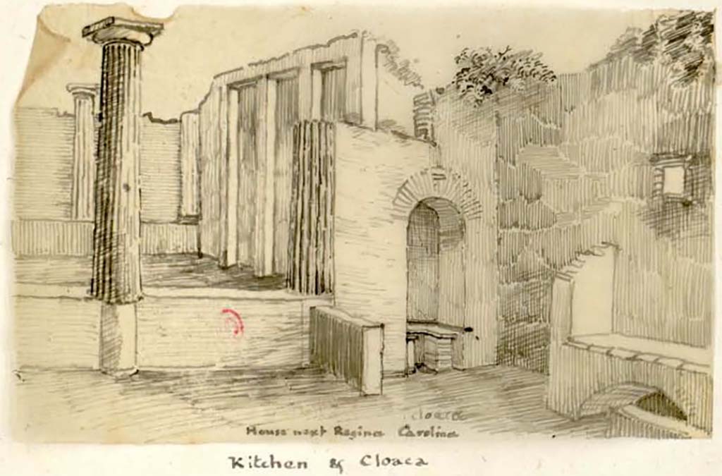 VIII.3.16 Pompeii. Pre.1832. Kitchen with hearth in south-west corner of peristyle, with �niche� latrine on left of hearth.
At the rear of the latrine, is the south wall of the peristyle.
See Gell, W. Pompeii unpublished [Dessins de l'�dition de 1832 donnant le r�sultat des fouilles post 1819 (?)] vol II, pl. 35.
Biblioth�que de l'Institut National d'Histoire de l'Art, collections Jacques Doucet, Identifiant num�rique Num MS180 (2).
See book in INHA Use Etalab Licence Ouverte


