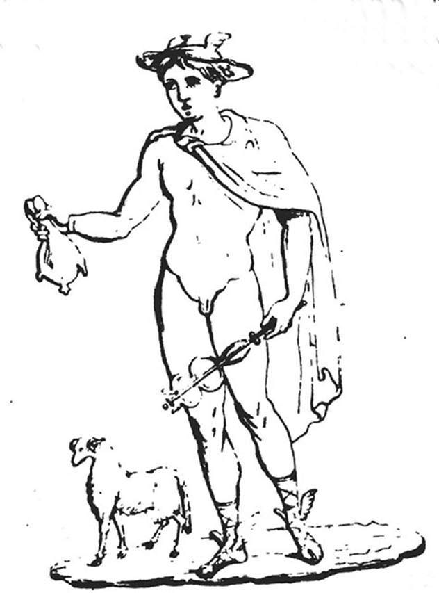 VIII.4.3 Pompeii. 1861 drawing of Mercury from inside shop. No longer visible.  Now in Naples Archaeological Museum.  Inventory number 9450. Fiorelli described Fortuna and Mercury painted on the walls of this shop, which the owner hoped would bring prosperity. 
Fortuna is standing, dressed in Chiton and Mantel. In her left hand is the horn of plenty. In her right hand is a rudder resting on a globe. See Pappalardo, U., 2001. La Descrizione di Pompei per Giuseppe Fiorelli (1875). Napoli: Massa Editore, p.126. See Della Corte, M., 1965. Case ed Abitanti di Pompei. Napoli: Fausto Fiorentino, p. 232. See Helbig, W., 1868. Wandgem�lde der vom Vesuv versch�tteten St�dte Campaniens. Leipzig: Breitkopf und H�rtel. Fortuna (943) Hermes (357). See Giornale di Scavi 1861, Tav. III no. 5.