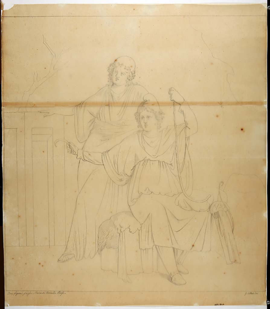 VIII.4.15 Pompeii. Room 5, oecus. 19th century copy by G. Abbate of painting of Paris seated in the company of Oenone.
See Helbig, W., 1868. Wandgem�lde der vom Vesuv versch�tteten St�dte Campaniens. Leipzig: Breitkopf und H�rtel, 1280.
Now in Naples Archaeological Museum. Inventory number ADS 866.
Photo � ICCD. http://www.catalogo.beniculturali.it
Utilizzabili alle condizioni della licenza Attribuzione - Non commerciale - Condividi allo stesso modo 2.5 Italia (CC BY-NC-SA 2.5 IT)

