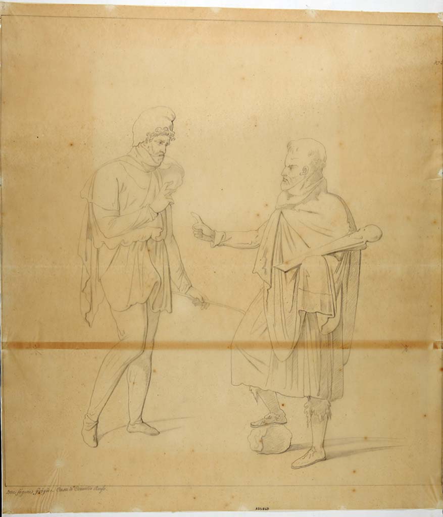 VIII.4.15 Pompeii. Room 5, oecus. 19th century copy by N. La Volpe of painting of two bearded Phrygians in conversation.
See Helbig, W., 1868. Wandgem�lde der vom Vesuv versch�tteten St�dte Campaniens. Leipzig: Breitkopf und H�rtel, 1398.
Now in Naples Archaeological Museum. Inventory number ADS 867.
Photo � ICCD. http://www.catalogo.beniculturali.it
Utilizzabili alle condizioni della licenza Attribuzione - Non commerciale - Condividi allo stesso modo 2.5 Italia (CC BY-NC-SA 2.5 IT)
