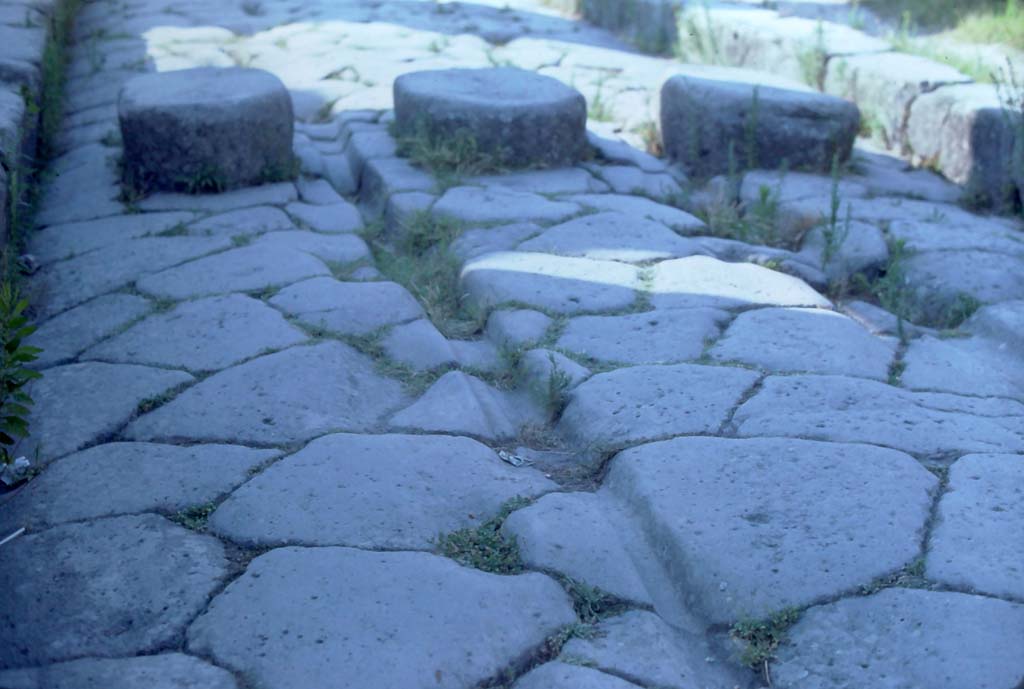 Via Stabiana, Pompeii. 1971. Stepping stones in roadway between VIII.4.26 and I.4.5.
Photo courtesy of Rick Bauer, from Dr George Fay�s slides collection.

