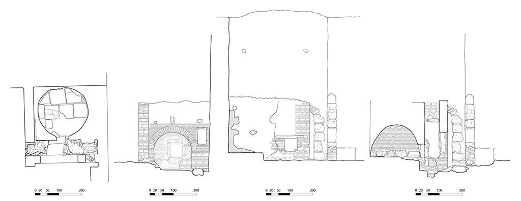 Fig. 20 � Pomp�i, boulangerie VIII 4, 26-27 � Plan, fa�ade et coupes du four.
Relev� / dessin : S. Mencarelli /EFR.

