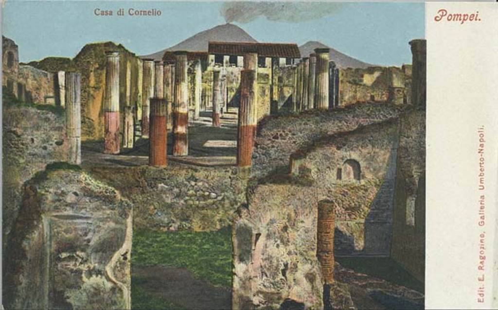 VIII.4.29 Pompeii. Late 19th century postcard by E Ragozino, no. 2877.
Looking north from a room in VIII.4.29 across the garden area of VIII.4.27/29, towards the peristyle of VIII.4.15. On the right, the niche in the north wall can be seen. Photo courtesy of Rick Bauer.