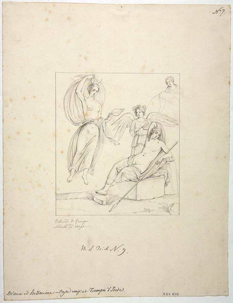 VIII.4.34 Pompeii. Drawing by Nicola La Volpe, of painting of Selene and Endymion found on west wall of cubiculum.
Endymion is sleeping under the influence of Hypnos.
Selene descends from above, crowned with a crescent moon.
Another figure watches from behind a rock.
See Helbig, W., 1868. Wandgem�lde der vom Vesuv versch�tteten St�dte Campaniens. Leipzig: Breitkopf und H�rtel, 956.
Now in Naples Archaeological Museum. Inventory number ADS 872.
Photo � ICCD. http://www.catalogo.beniculturali.it
Utilizzabili alle condizioni della licenza Attribuzione - Non commerciale - Condividi allo stesso modo 2.5 Italia (CC BY-NC-SA 2.5 IT)
