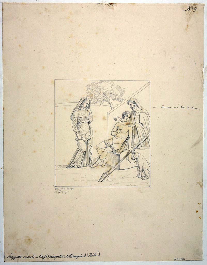 VIII.4.34 Pompeii. Drawing by Nicola La Volpe of painting of Phaedra and Hippolytus from north end of east wall of the cubiculum fenestratum.
See Helbig, W., 1868. Wandgem�lde der vom Vesuv versch�tteten St�dte Campaniens. Leipzig: Breitkopf und H�rtel, (1245).
Now in Naples Archaeological Museum. Inventory number ADS 881.
Photo � ICCD. http://www.catalogo.beniculturali.it
Utilizzabili alle condizioni della licenza Attribuzione - Non commerciale - Condividi allo stesso modo 2.5 Italia (CC BY-NC-SA 2.5 IT)
