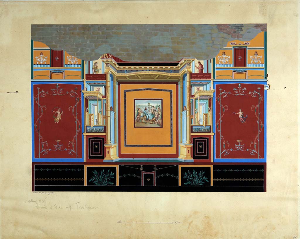VIII.4.34 Pompeii. Painting by Antonio Ala, 1862, of the north wall of tablinum. 
In the centre yellow panel is the painting of Hercules and Omphale.
In the red side panels, with candelabra with twining plants, are the personifications of Autumn and Summer.
Between are complex architectural scenes.
In the upper zone are theatrical masks.
In the lower zone are plants and garlands.
According to Breton and Helbig, see above, the wall with the painting of Hercules and Omphale was to the right (this would mean the east wall).
Now in Naples Archaeological Museum. Inventory number ADS 870.
Photo � ICCD. http://www.catalogo.beniculturali.it
Utilizzabili alle condizioni della licenza Attribuzione - Non commerciale - Condividi allo stesso modo 2.5 Italia (CC BY-NC-SA 2.5 IT)
