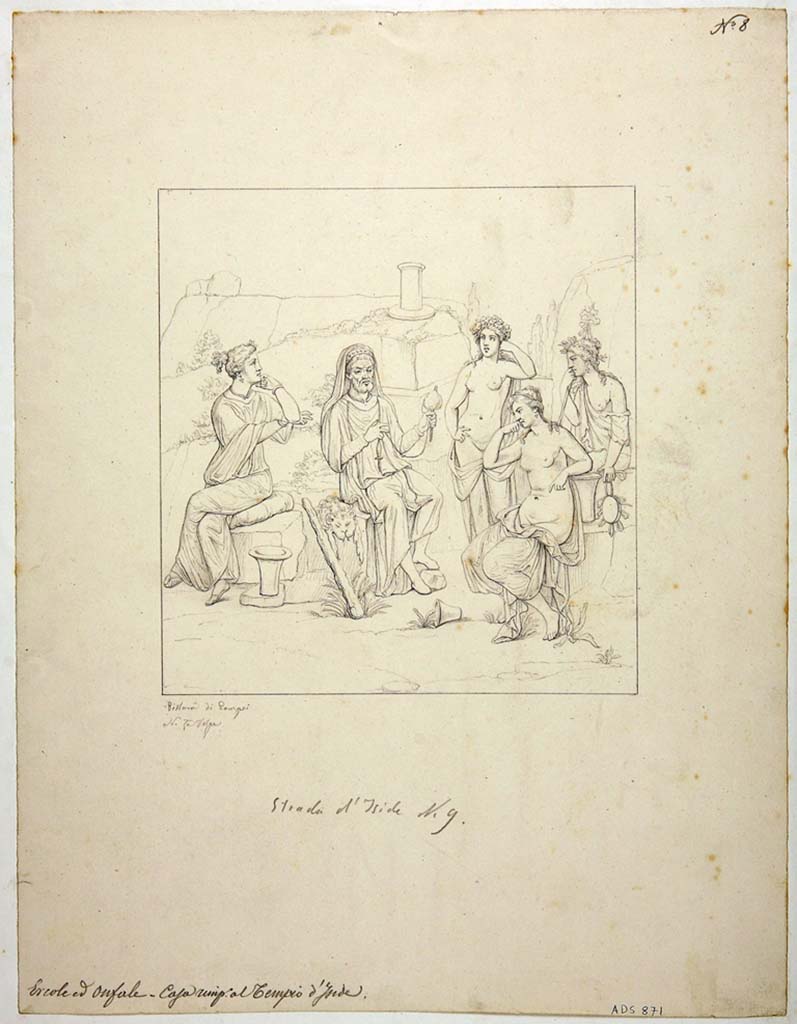 VIII.4.34 Pompeii. Drawing by Nicola La Volpe, 1862, of painting of Hercules and Omphale from centre of north wall in tablinum.
Now in Naples Archaeological Museum. Inventory number ADS 871.
Photo � ICCD. http://www.catalogo.beniculturali.it
Utilizzabili alle condizioni della licenza Attribuzione - Non commerciale - Condividi allo stesso modo 2.5 Italia (CC BY-NC-SA 2.5 IT)
