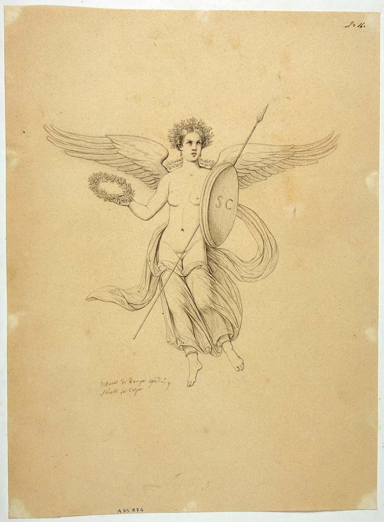 VIII.4.34 Pompeii. Drawing by Nicola La Volpe, of painting of Nike with shield and lance.
This would have been seen on a red painted side panel of the tablinum but from an unknown wall.
See Helbig, W., 1868. Wandgem�lde der vom Vesuv versch�tteten St�dte Campaniens. Leipzig: Breitkopf und H�rtel, (910).
Now in Naples Archaeological Museum. Inventory number ADS 874.
Photo � ICCD. http://www.catalogo.beniculturali.it
Utilizzabili alle condizioni della licenza Attribuzione - Non commerciale - Condividi allo stesso modo 2.5 Italia (CC BY-NC-SA 2.5 IT)
