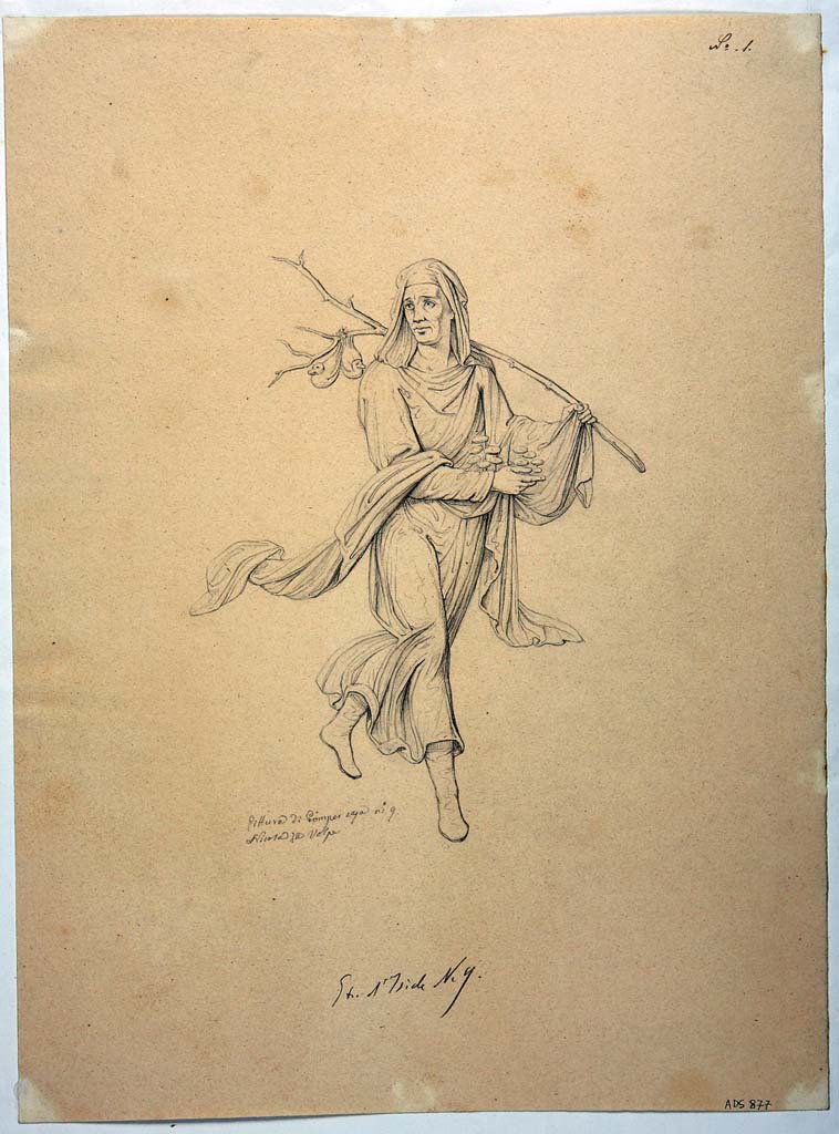 VIII.4.34 Pompeii. Drawing by Nicola La Volpe, of painting of Winter from a side panel, of a tablinum wall not known. 
Inverno (Winter) was heavily cloaked and carried a branch on the left shoulder from which two ducks were suspended.
In the right hand were mushrooms.
Now in Naples Archaeological Museum. Inventory number ADS 877.
Photo � ICCD. http://www.catalogo.beniculturali.it
Utilizzabili alle condizioni della licenza Attribuzione - Non commerciale - Condividi allo stesso modo 2.5 Italia (CC BY-NC-SA 2.5 IT)
