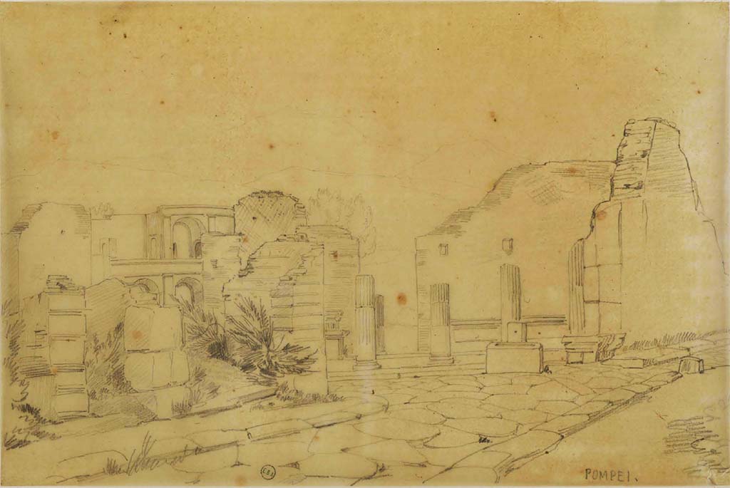 VIII.4.41 and 40, Pompeii, (on left). Sketch by Jean-Baptiste Ciceron Lesueur (1794-1883).
Looking south from Via dei Teatri towards entrance of Triangular Forum with fountain outside.
See Lesueur, Jean-Baptiste Ciceron. Voyage en Italie de Jean-Baptiste Ciceron Lesueur (1794-1883), pl. 67.
See Book on INHA reference INHA NUM PC 15469 (04)  � Licence Ouverte / Open Licence � Etalab

