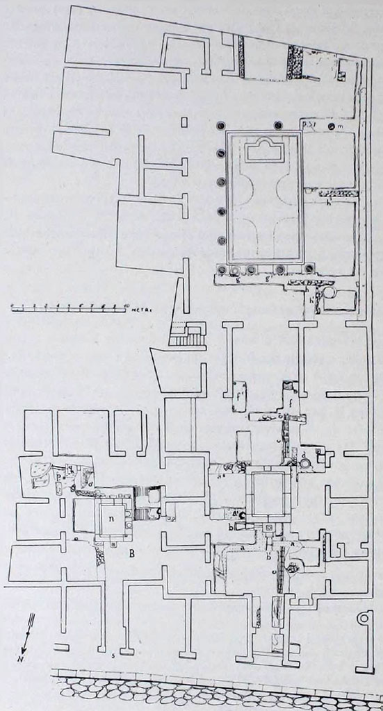 VIII.5.2 and 5, Pompeii. Plan and foundations, (fig. 6 on p.144).
For an Essay on the structure of the foundations of these houses, as shown in report of excavations beneath the floors of the atriums and surrounding rooms,
see Maiuri in Notizie degli Scavi, 1944-45, (p.143-154).