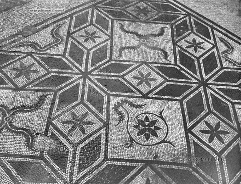 VIII.5.15 Pompeii. c.1930. Room 9, black and white mosaic in cubiculum.
DAIR 41.766. Photo © Deutsches Archäologisches Institut, Abteilung Rom, Arkiv.
See Pernice, E. 1938. Pavimente und Figürliche Mosaiken: Die Hellenistische Kunst in Pompeji, Band VI. Berlin: de Gruyter,
see tav. 47.6, above.)