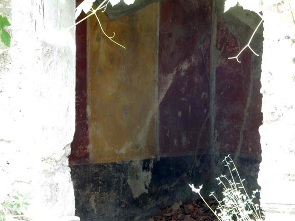 VIII.5.15 Pompeii. May 2017.
Room 9, remains of painted decoration on west wall of cubiculum, and north-west corner. Photo courtesy of Buzz Ferebee.