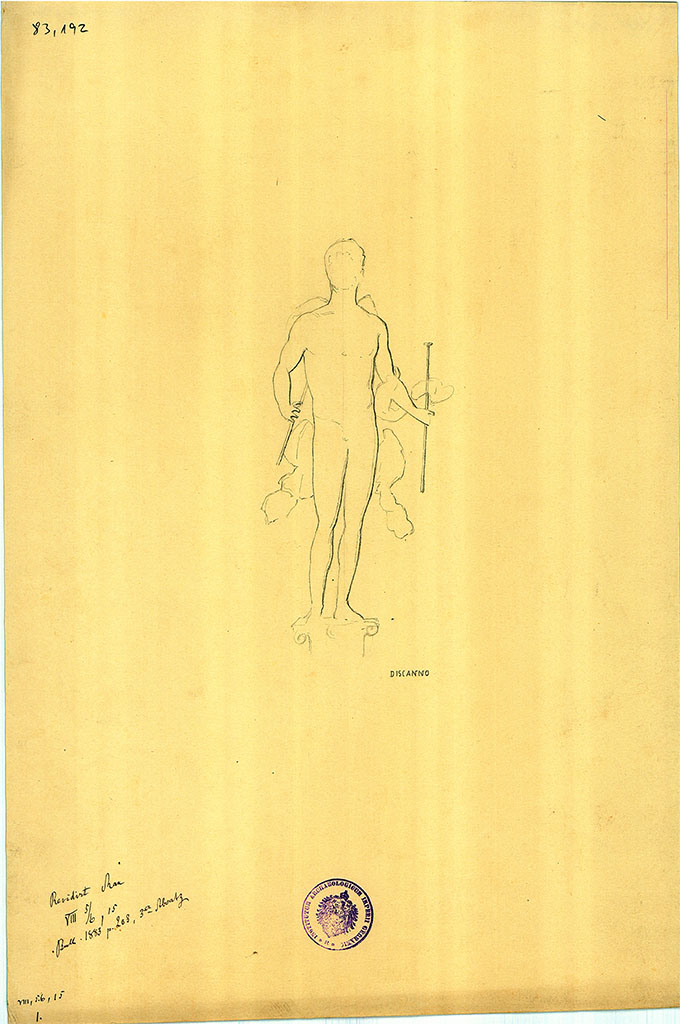 VIII.5.15 Pompeii.
Sketch by Discanno, from panel on west wall in Room 2, detail of male figure could be seen with a flute in each hand.
DAIR 83.192. Photo © Deutsches Archäologisches Institut, Abteilung Rom, Arkiv.