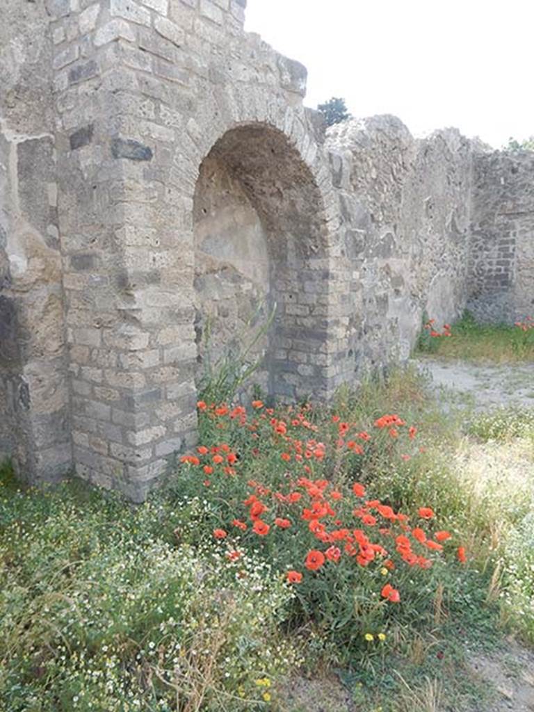VIII.5.17 Pompeii. May 2017. Recess with stairs to upper floor. Looking south along east wall. Photo courtesy of Buzz Ferebee.