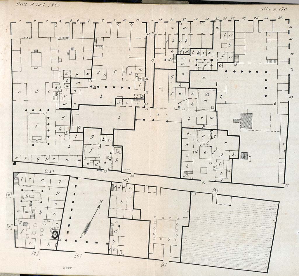 Plan in BdI, 1883, p.170, showing Reg. VIII. Insula 5, at the top.
Reg VIII. Insula 6 is shown in the lower plan.
According to BdI �
The front parts of the houses which flank Via dell�Abbondanza (on north side of the insula), had already been excavated for a long time, and are described by Fiorelli in his Descrizione, (p.446 following). 
We start from the north-west corner, following the Via dell�Abbondanza. 
(Le parti anteriori delle case che fiancheggiano la strada dell�Abbondanza (lato N dell�isola), gi� erano scavate da molto tempo, e sono descritte dal Fiorelli. Descr. (p.446 sgg). Noi cominciamo dall�angolo NO, seguendo prima la strada dell�Abbondanza.)
(We assume the new rooms excavated are numbered, those without a number would have been excavated from earlier.)
According to Eschebach �
VIII.5.1 � excavated 1819; VIII.5.17/20 � excavated 1819; VIII.5.18/19 � excavated 1813? and 1819; VIII.5.21 � excavated 1813. 
VIII.5.22/23 � excavated 1813; VIII.5.28/29 � excavated 1815, 1819, 1826, 1838.
VII.13.1/25 � excavated 1818; VII.13.2 - excavated 1818; VII.13.5 � excavated 1818; VII.13.6 � excavated 1818; VII.13.7 � excavated 1819.
VII.13.8/14 � excavated 1819. 
See Eschebach, L., 1993. Geb�udeverzeichnis und Stadtplan der antiken Stadt Pompeji. K�ln: B�hlau. 
See Bullettino dell�Instituto di Corrispondenza Archeologica (DAIR), 1883, p. 170.
