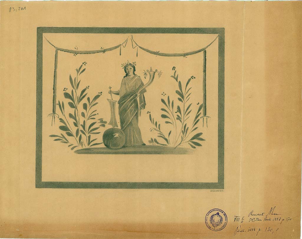 VIII.5.39 Pompeii. Room 3, south wall of kitchen. Drawing by G. Discanno of lararium painting of Isis Fortuna with rudder, globe and cornucopia.
DAIR 83.201. Photo © Deutsches Archäologisches Institut, Abteilung Rom, Arkiv.
See Fröhlich, T., 1991. Lararien und Fassadenbilder in den Vesuvstädten. Mainz: von Zabern, L97 on page 293 and Taf 46,2.