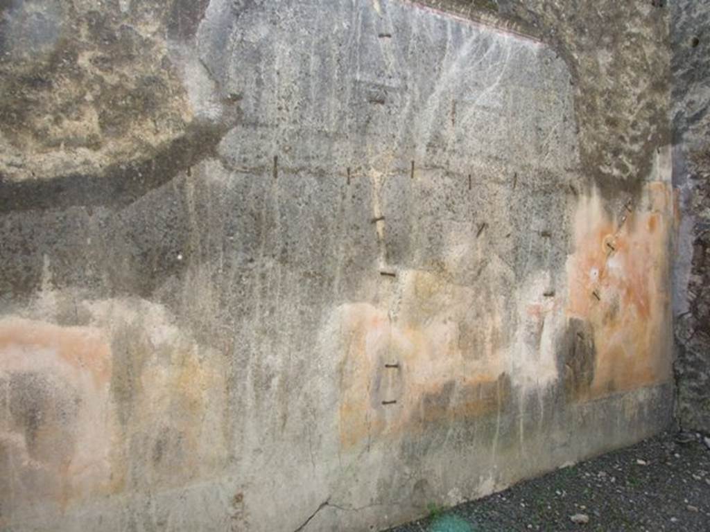 VIII.5.39 Pompeii. March 2009. Room 5, south wall of triclinium.
According to PPM –
The most important painted element was to be the medallions with female portraits seen in the triclinium.
On the south wall, the decoration would have been IV Style, today completely faded.
The plinth and zoccolo were painted black, the middle zone was painted yellow, with the upper portion white.
The cornice was polychrome stucco.
The zoccolo still has traces of plants (and birds), and a medallion at the centre of the panel on the right (west end)
See Carratelli, G. P., 1990-2003. Pompei: Pitture e Mosaici: Vol. VIII. Roma: Istituto della enciclopedia italiana, p. 656-9.