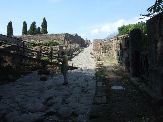 VIII.7.1 Pompeii. September 2010. Entrance on Via Stabiana, looking west (across street). VIII.7.1 entrance is left of the square gate. Photo courtesy of Drew Baker.