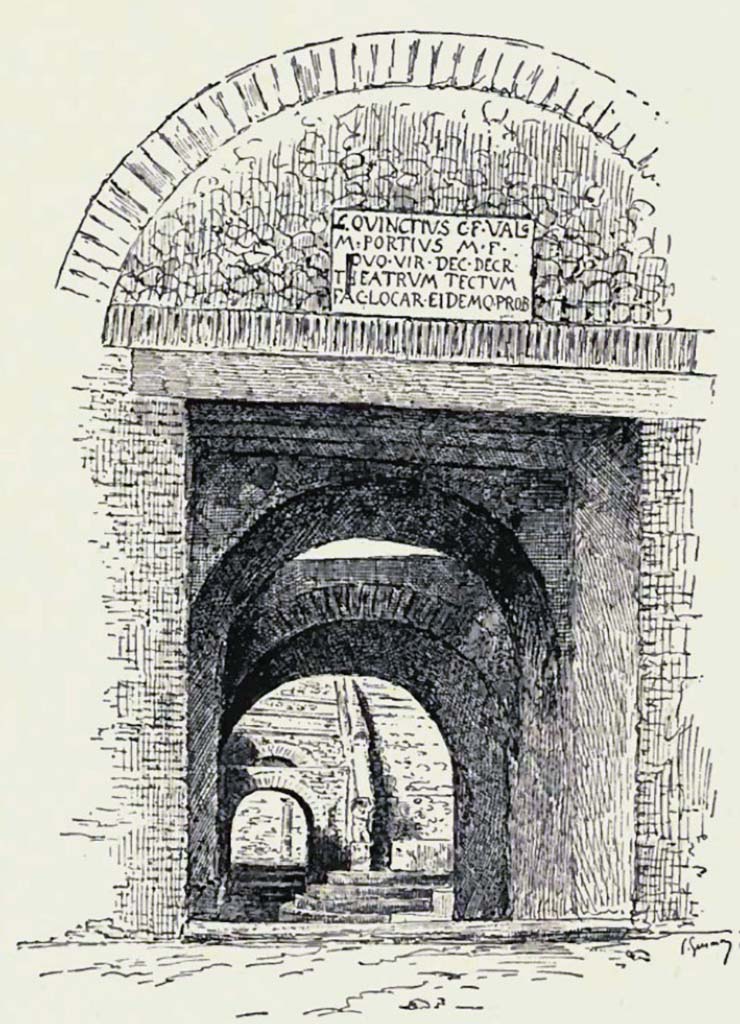 VIII.7.19 Pompeii. c.1900. Looking west towards doorway on Via Stabiana.
Drawing by Pierre Gusman.
See Gusman P., 1900. Pompeii: The City, Its Life & Art. London: Heinemann, p. 168.