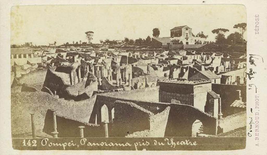 VIII.7.20 Pompeii. Pre 1875. Photo by Alphonse Bernoud., no. CDV 142. Looking north-east from Large Theatre, the Temple of Isis can be seen on the lower right.
Photo courtesy of Rick Bauer.