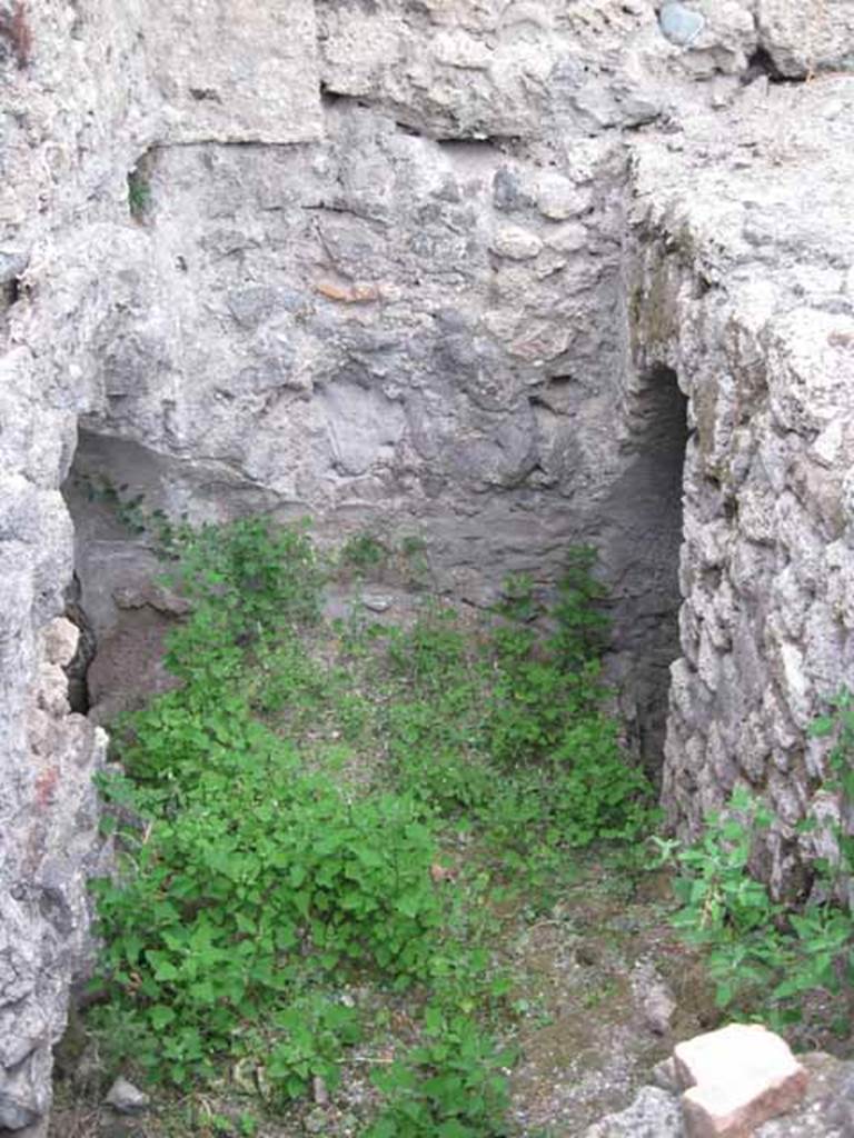 VIII.7.22/23/24 Pompeii. October 2010. Looking north towards end of corridor. On the left, entrance to underground vaulted room on west side of corridor.On the right, doorway to room on east side. Photo and information courtesy of Drew Baker/Gareth Beale/Hembo Pagi.
According to Boyce, in the north wall of a corridor leading from the underground kitchen to the posticum at VIII.7.22, was a large arched niche. This was I.0 metre high, 0.85 wide, 0.50 deep and 0.70 above the floor. The back wall of the niche was painted red, and on it was the figure of Fortuna, clad in a green tunic and yellow mantle. In her left hand she held a cornucopia, and in her right, a rudder. To the left of her feet was a large globe. The side walls of the niche and the area under the feet of the goddess were decorated with green plants. See Boyce G. K., 1937. Corpus of the Lararia of Pompeii. Rome: MAAR 14. (p.78, no:378)
Fiorelli describes, VIII.7.22 as a corridor belonging to VIII.7.24, with stairs to upper floor. Nearby is the kitchen, in which remains the niche of the Penates, with the image of Fortuna with cornucopia and rudder.
See Pappalardo, U., 2001. La Descrizione di Pompei per Giuseppe Fiorelli (1875). Napoli: Massa Editore. (p.134)