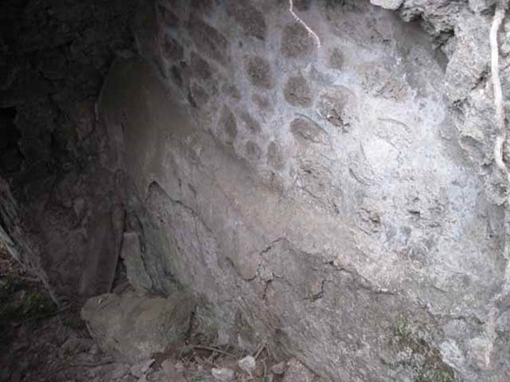 VIII.7.22/23/24 Pompeii. October 2010. West wall of corridor A, opposite room B the first vaulted room on the east side. Looking south.
(GB notes that this has a curve responding to that of room B, the vaulted room on the east side. It looks like the water tank has been cut through to provide the access corridor to the northern rooms and room B has been retanked on its west wall.) Photo and information courtesy of Drew Baker/Gareth Beale/Hembo Pagi.
