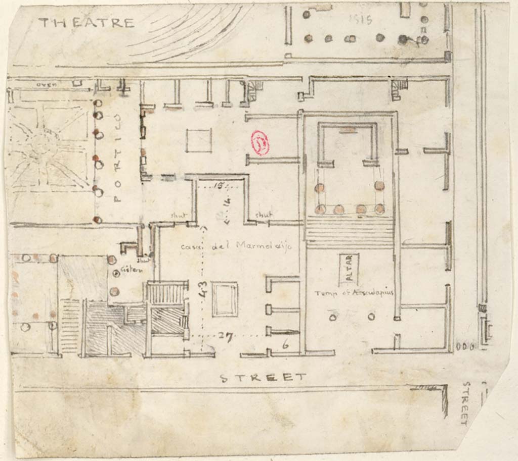 VIII.7.24 Pompeii.  c.1819. Sketch of plan of atrium and surrounding rooms, with steps leading to upper area, in the lower left, by W. Gell.
Above this house, in the centre left, is the portico and house area of VIII.7.26.
In the lower right is the entrance to the Temple of Aesculapius at VIII.7.25.
See Gell W & Gandy, J.P: Pompeii published 1819 [Dessins publi�s dans l'ouvrage de Sir William Gell et John P. Gandy, Pompeiana: the topography, edifices and ornaments of Pompei, 1817-1819], pl. 86.
See book in Biblioth�que de l'Institut National d'Histoire de l'Art [France], collections Jacques Doucet Gell Dessins 1817-1819
Use Etalab Open Licence ou Etalab Licence Ouverte
