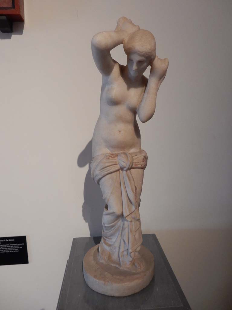 VIII.7.28 Pompeii. June 2019. Marble statue of Venus Anadyomene (Venus drying her hair after a bath).
Venus (or Aphrodite) in the Roman world was often identified with Isis.
Originally found with well preserved painting and gilding.
Found against the west wall of the portico in the south west corner.
Now in Naples Archaeological Museum. Inventory number 6298.
Photo courtesy of Buzz Ferebee.