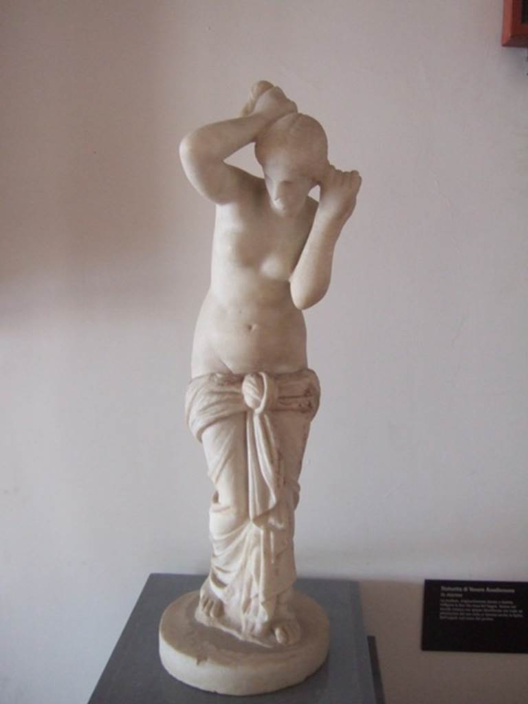 VIII.7.28 Pompeii. Marble statue of Venus Anadyomene (Venus drying her hair after a bath).
Venus (or Aphrodite) in the Roman world was often identified with Isis.
Originally found with well preserved painting and gilding.
Found against the west wall of the colonnade in the south west corner.
Now in Naples Archaeological Museum. Inventory number 6298.