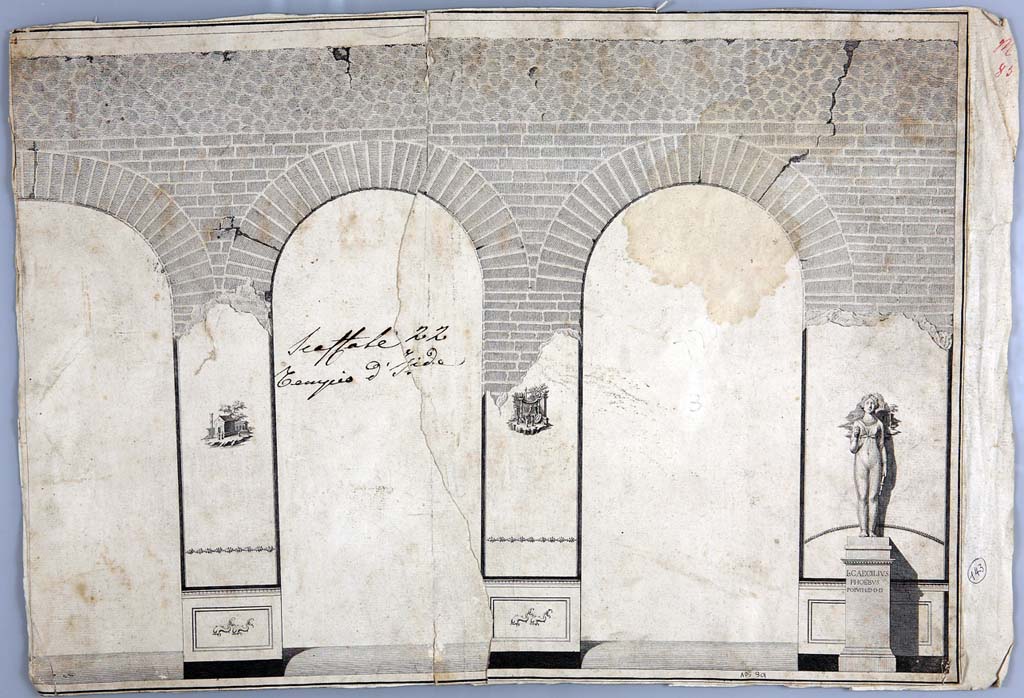 VIII.7.28 Pompeii. Painting by Giovanni Elia Morghen of Ekklesiasterion entrances on west portico showing wall decoration and statue of Isis.
Now in Naples Archaeological Museum. Inventory number ADS 901.
Photo © ICCD. http://www.catalogo.beniculturali.it
Utilizzabili alle condizioni della licenza Attribuzione - Non commerciale - Condividi allo stesso modo 2.5 Italia (CC BY-NC-SA 2.5 IT)