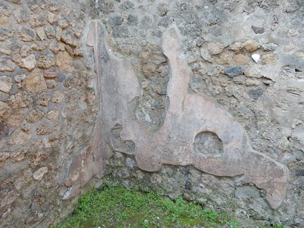 VIII.7.28 Pompeii. May 2015. Detail of remains of plaster on west wall of dining room in south-west corner.
Photo courtesy of Buzz Ferebee.