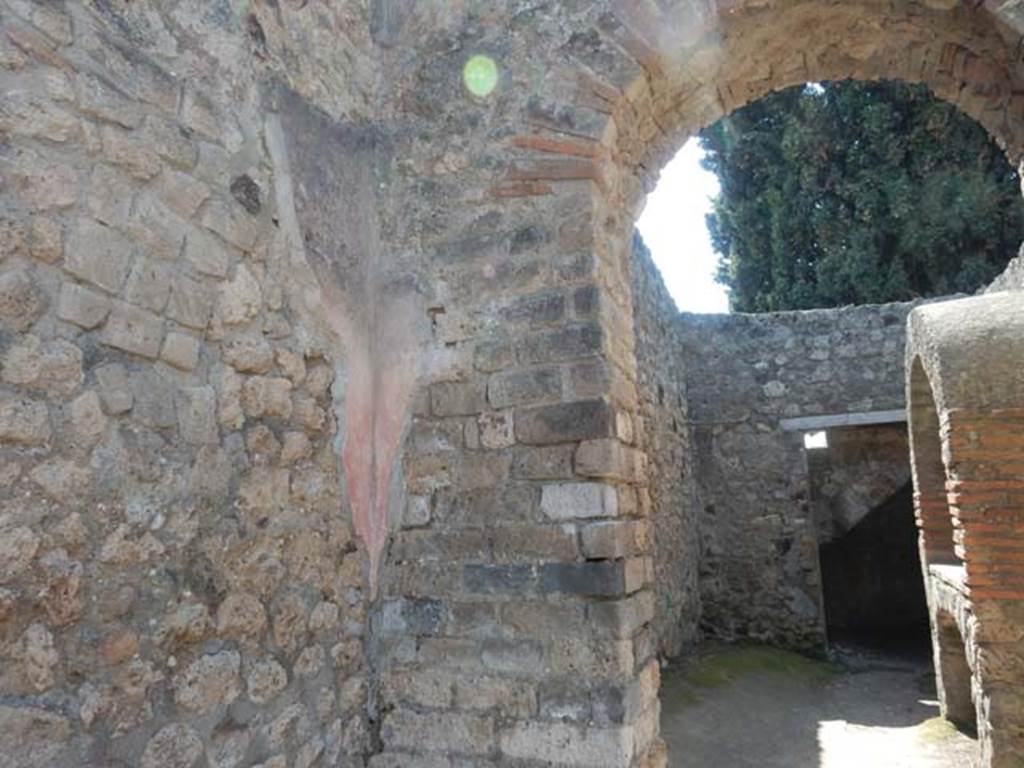 VIII.7.28 Pompeii. May 2015. South-east corner of portico, looking south to doorway to kitchen. Photo courtesy of Buzz Ferebee.