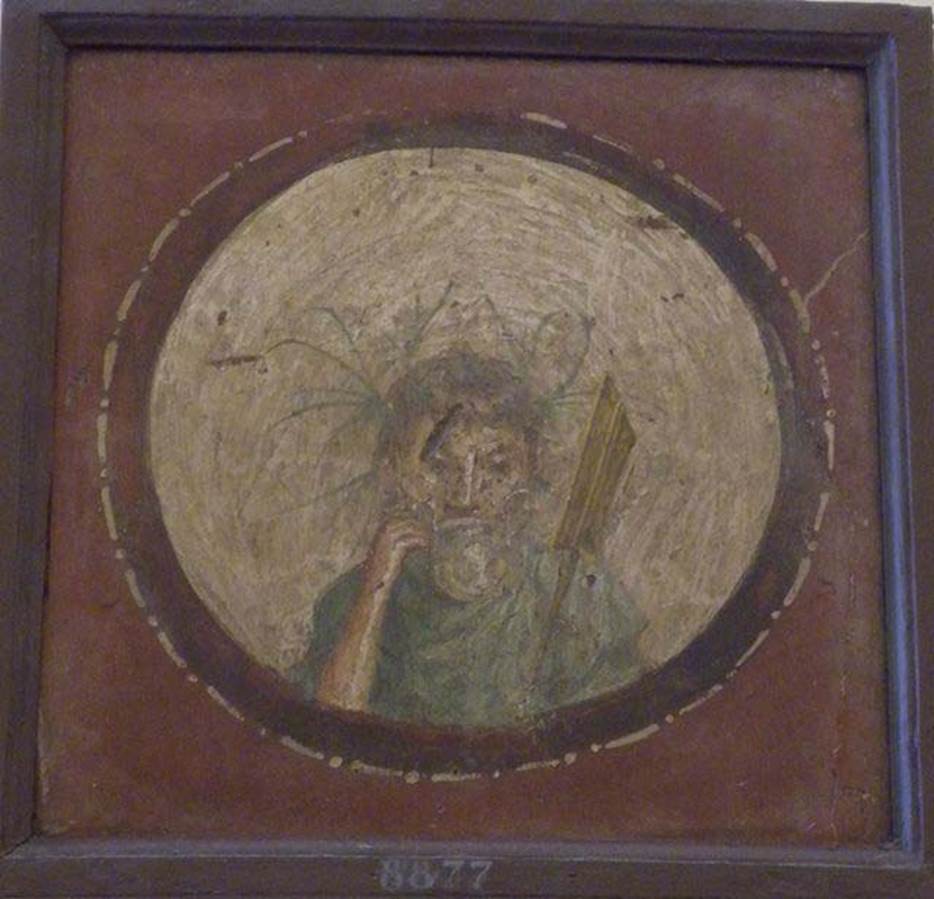 VIII.7.28 Pompeii. Found 19 July 1766. Cubiculum.
Round painted medallion with head of satyr drinking from a silver kantharos.
The presence of a rudder on the left shoulder identifies him with a river god possibly the Nile or Sarno.
This may be a reference to Fortuna who was associated with Isis.
Now in Naples Archaeological Museum. Inventory number 8877.
See Bragantini, I and Sampaolo, V., Eds, 2009. La Pittura Pompeiana. Verona: Electa. p. 521, Scheda 300.
See Prisciandaro, R., 2006. Studio sulle provenienze degli oggetti rinvenuti negli scavi borbonici del regno di Napoli: Una lettura integrata, coordinata e commentata della documentazione Volume 1. Naples : Nicola Longobardi. (p. 57).
See Helbig, W., 1868. Wandgemälde der vom Vesuv verschütteten Städte Campaniens. Leipzig: Breitkopf und Härtel. (1013).